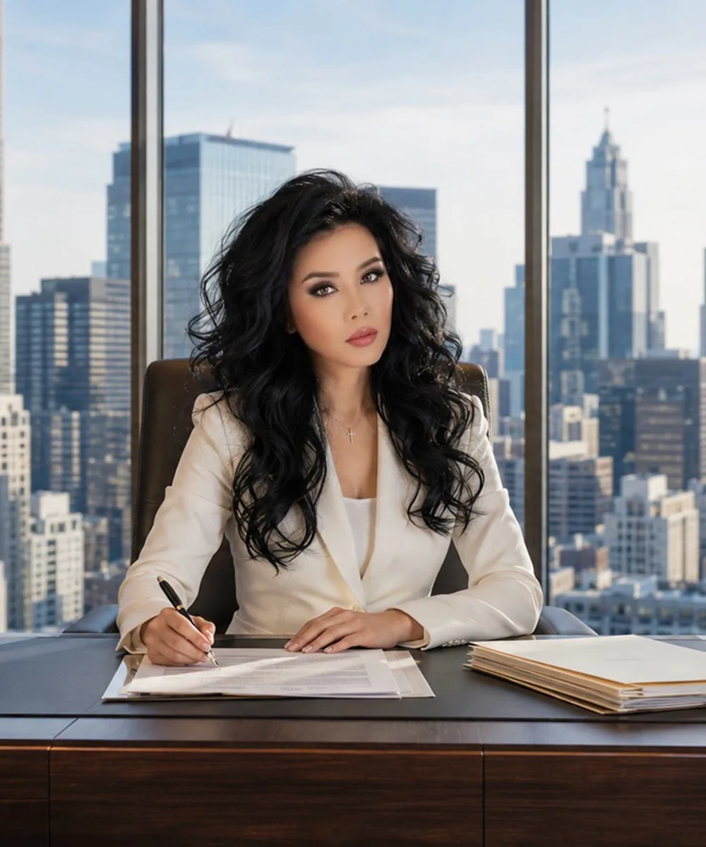 Jenny Q. Ta seated at a desk with a city skyline behind her.