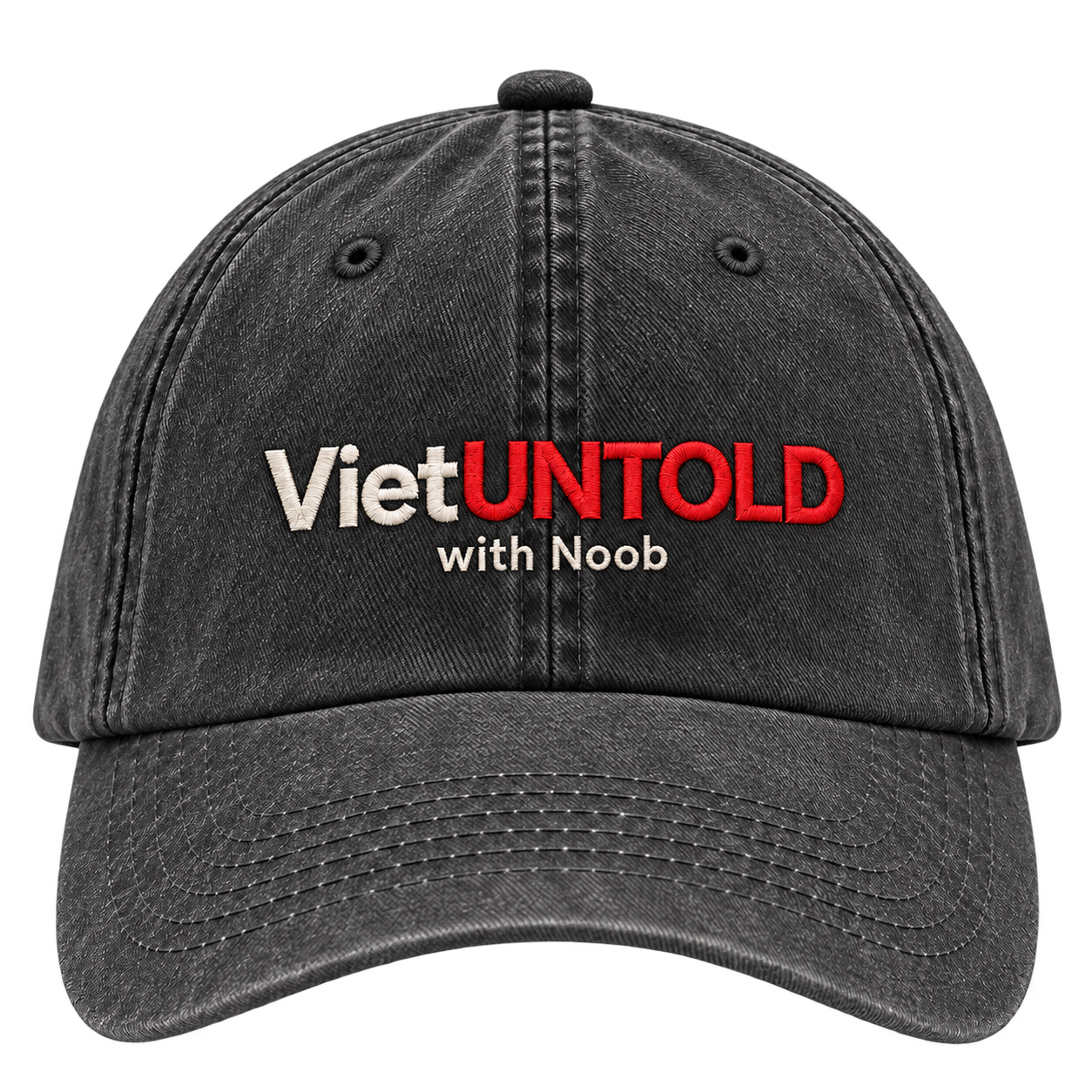Washed charcoal VietUntold cap with “with Noob” embroidery