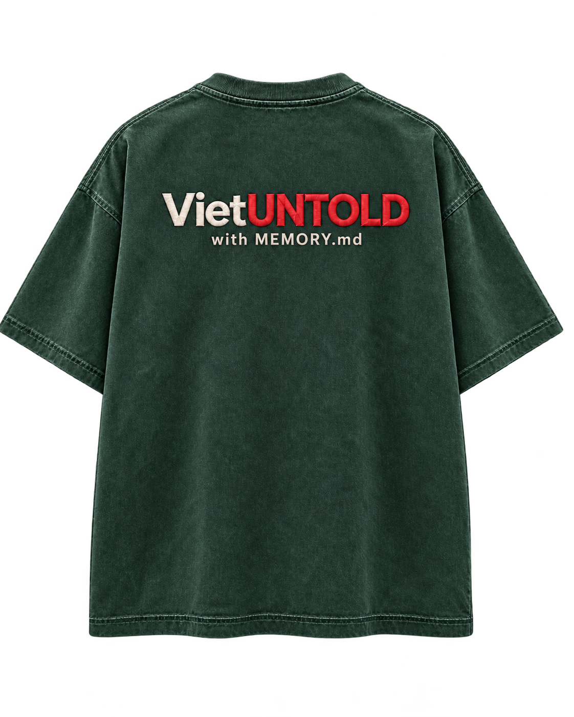 Washed forest green VietUntold T-shirt, back view with ?with MEMORY.md? design
