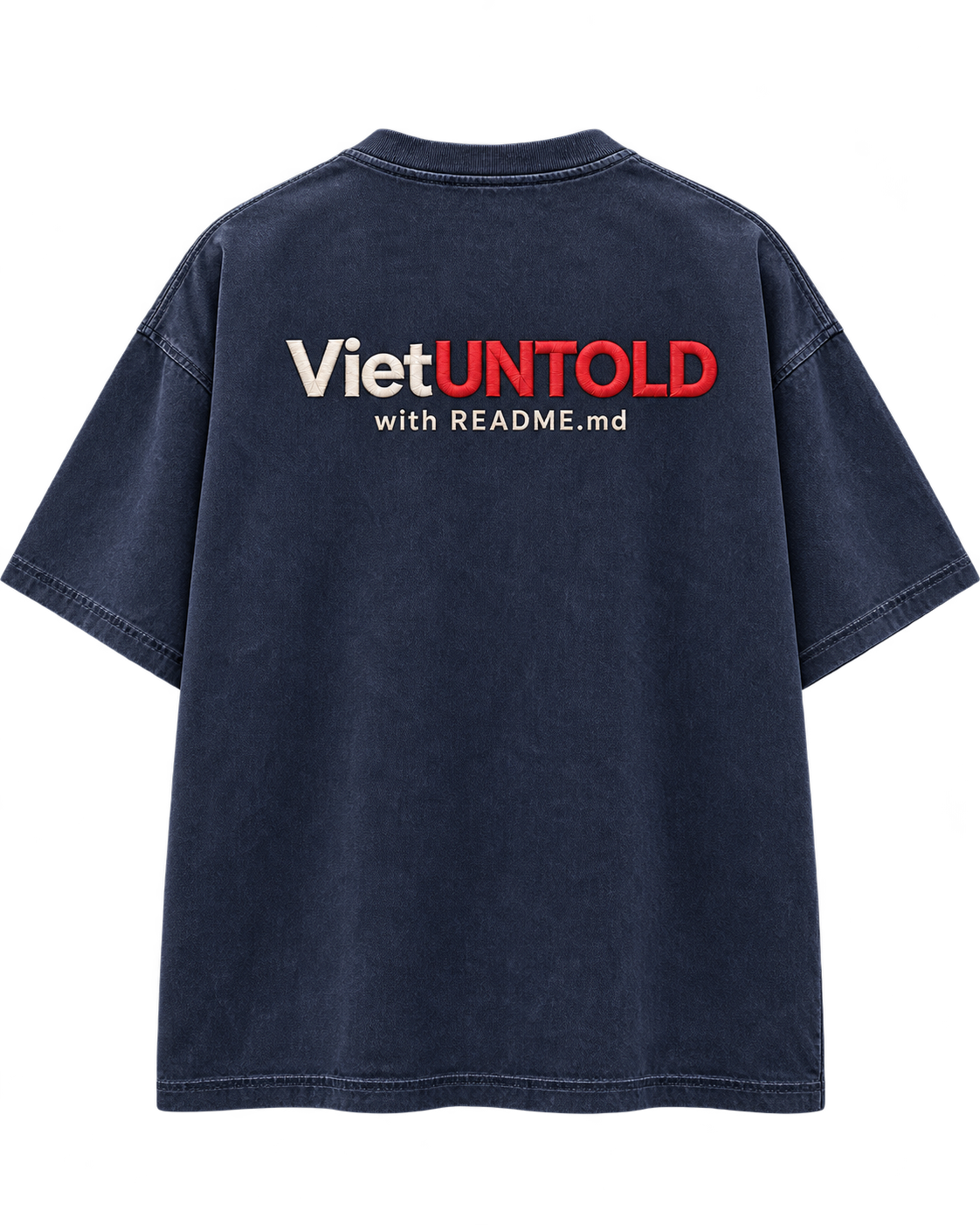 Washed navy VietUntold T-shirt, back view with ?with README.md? design